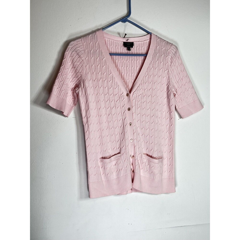 Talbots Sweater Cardigan Womens Petite M Pink Cotton Cable Knit Short Sleeve
